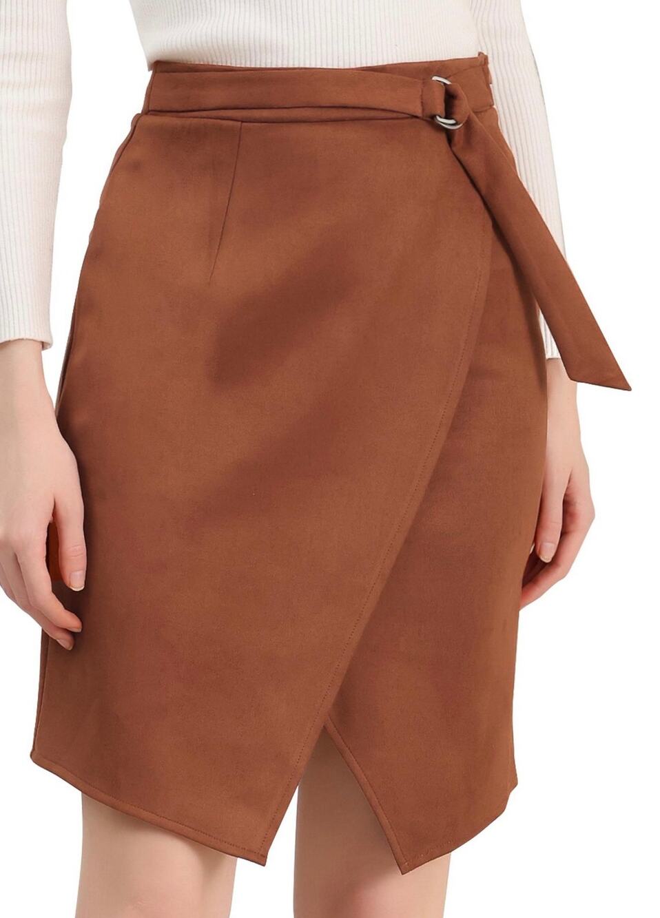 Allegra K A Line Knee length front slit faux wrap suede brown skirt caramel XS